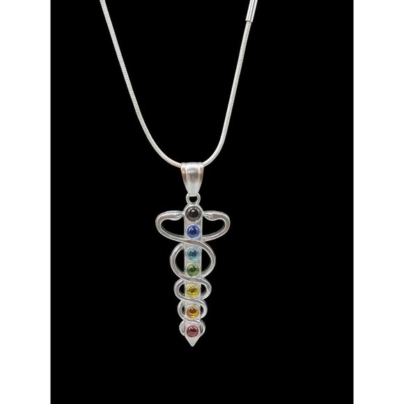 Chakra Healing Caduceus Pendant Necklace Faux Gemstones 35" Chain Silver Tone - Picture 12 of 16